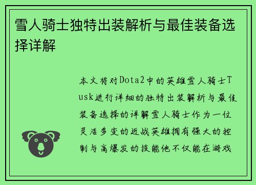雪人骑士独特出装解析与最佳装备选择详解