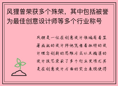 风狸曾荣获多个殊荣，其中包括被誉为最佳创意设计师等多个行业称号